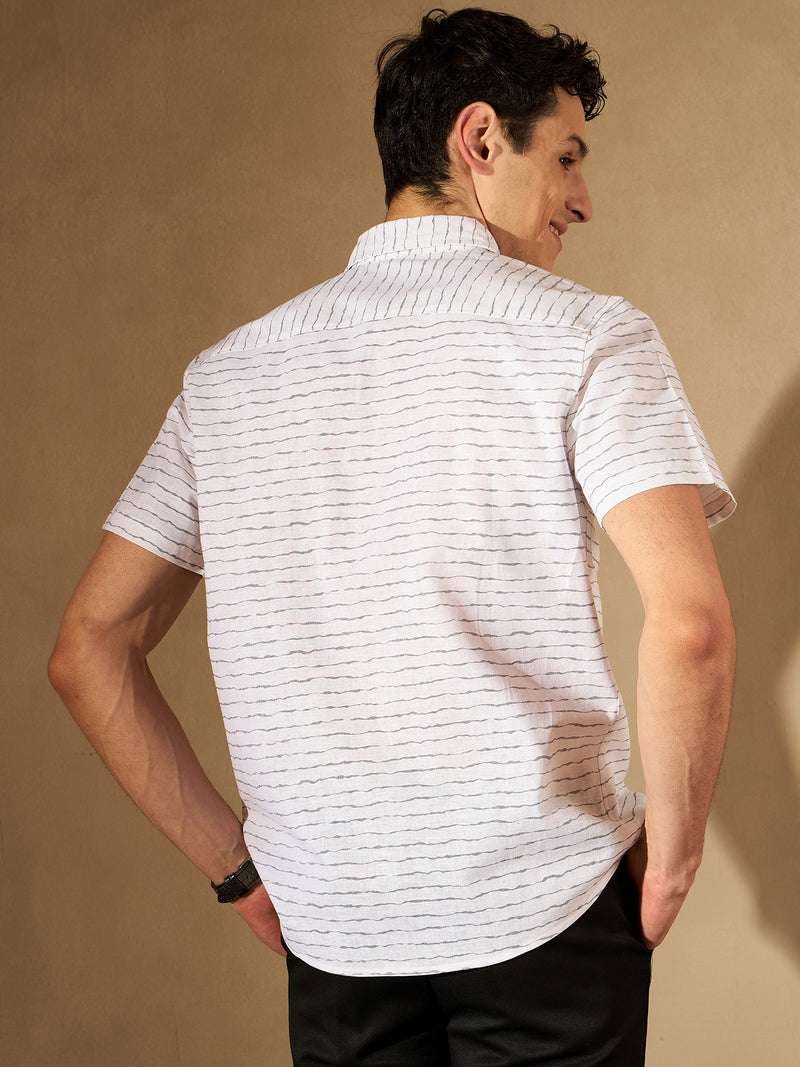 White: Half Sleeves Horizontal Striped Shirt