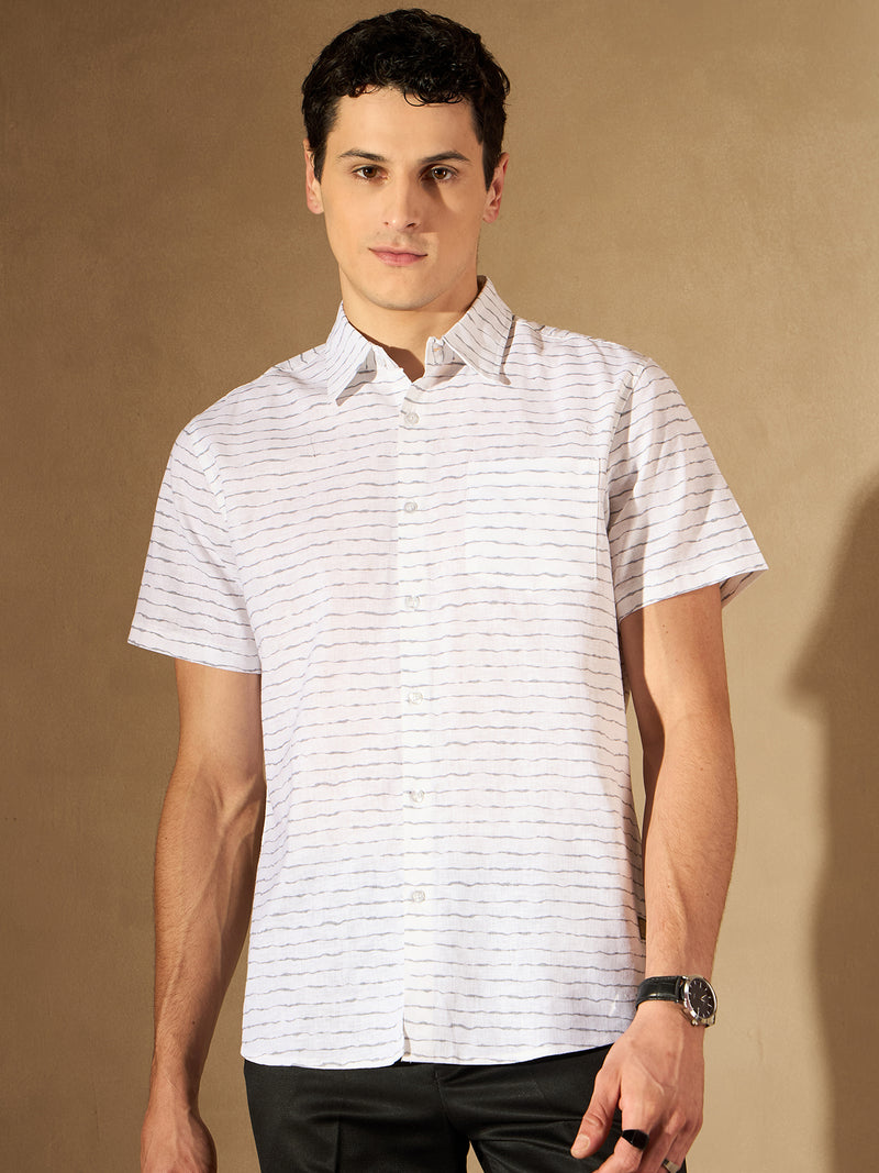 White: Half Sleeves Horizontal Striped Shirt