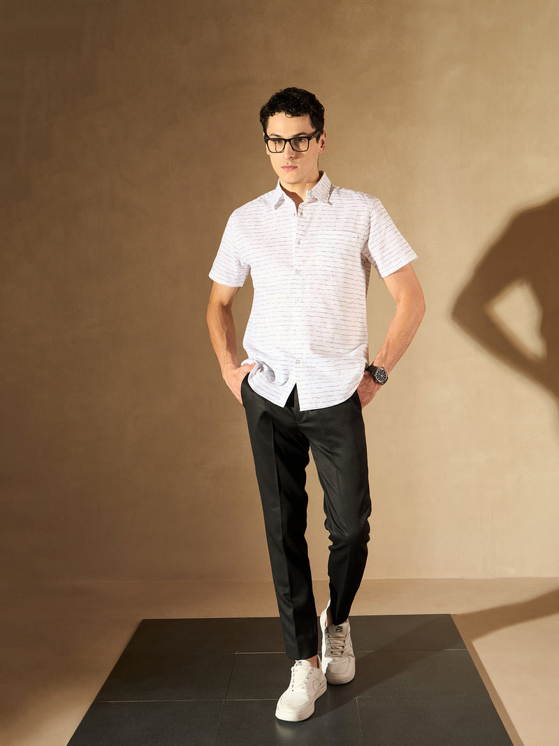 White: Half Sleeves Horizontal Striped Shirt