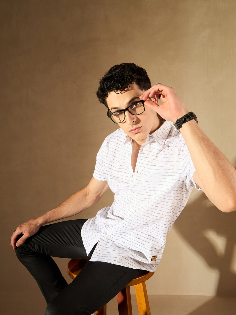 White: Half Sleeves Horizontal Striped Shirt