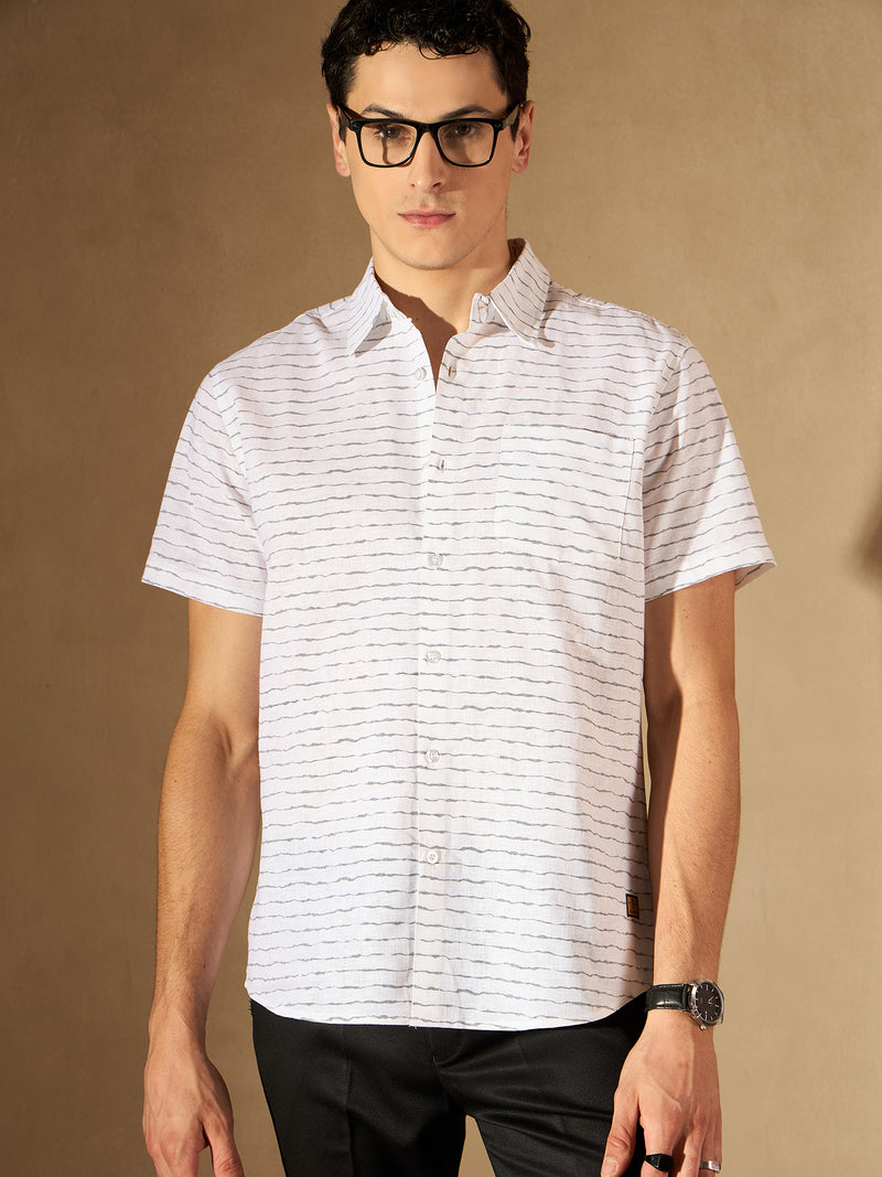 White: Half Sleeves Horizontal Striped Shirt