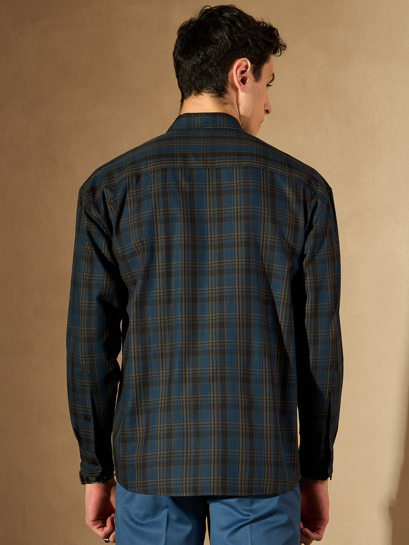 Teal & Dark Blue Double Pocket Checked Shirt