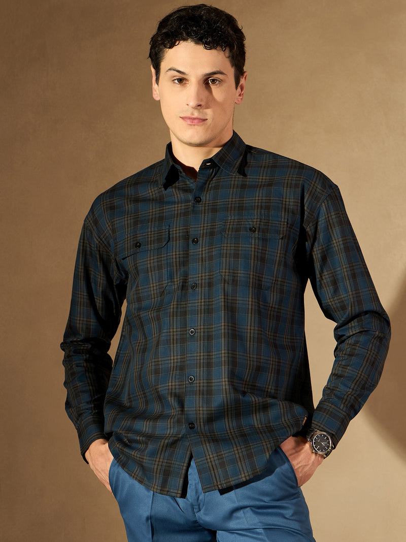 Teal & Dark Blue Double Pocket Checked Shirt