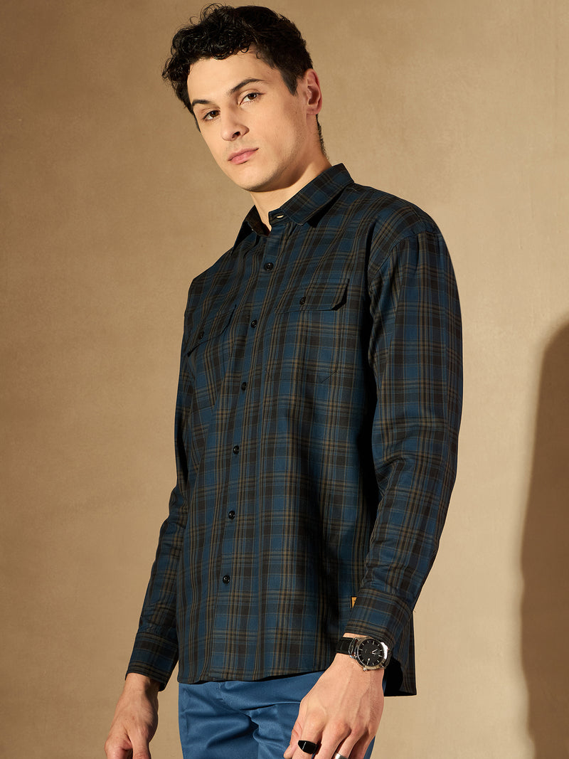 Teal & Dark Blue Double Pocket Checked Shirt