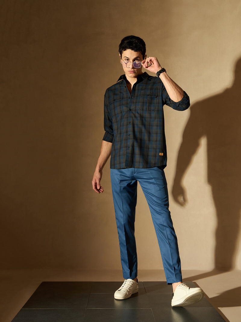 Teal & Dark Blue Double Pocket Checked Shirt