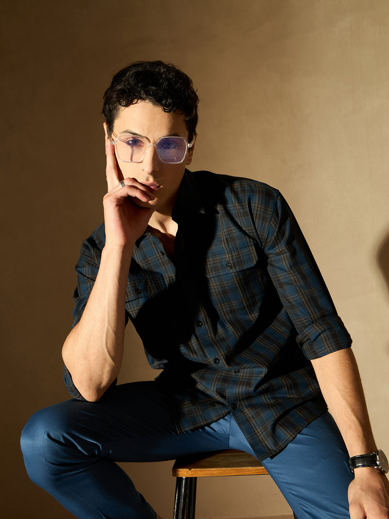 Teal & Dark Blue Double Pocket Checked Shirt