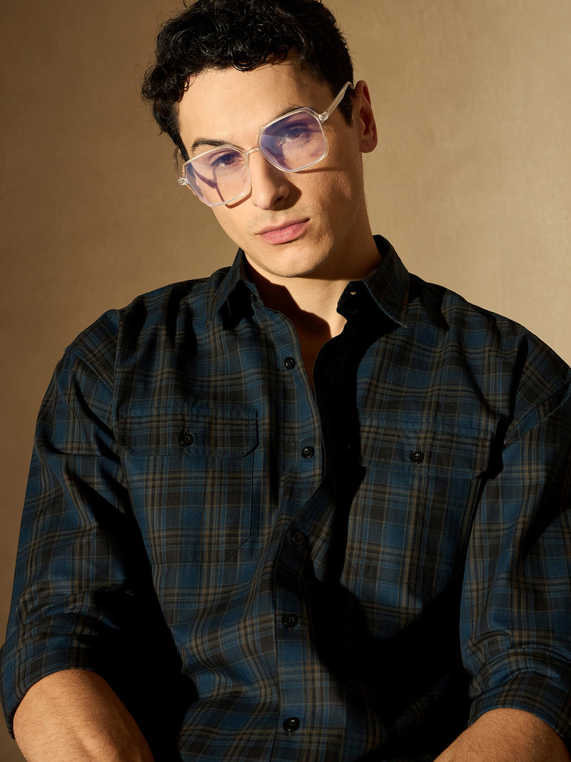 Teal & Dark Blue Double Pocket Checked Shirt