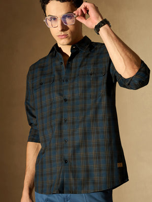 Teal & Dark Blue Double Pocket Checked Shirt