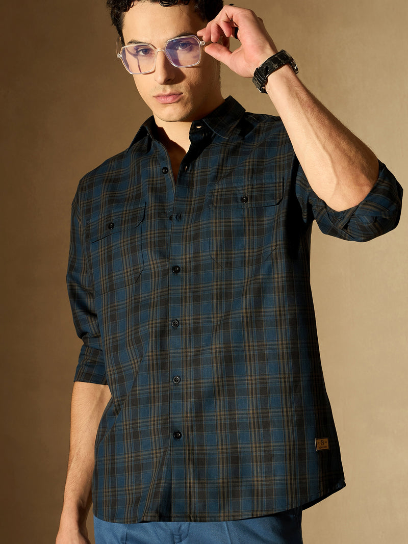 Teal & Dark Blue Double Pocket Checked Shirt