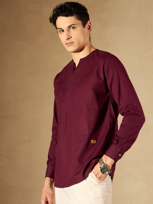 DENNISON Men Maroon Solid Straight Pure Cotton Short Kurta