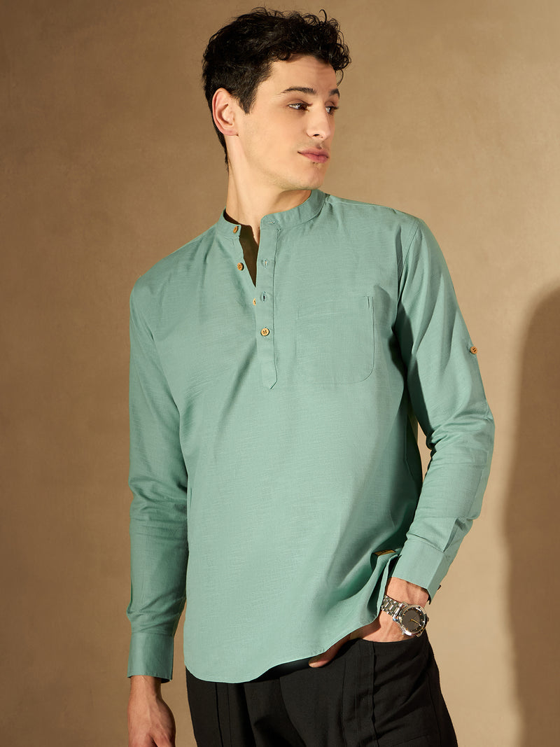DENNISON Men Mandarin Collar Roll-Up Sleeves Kurta