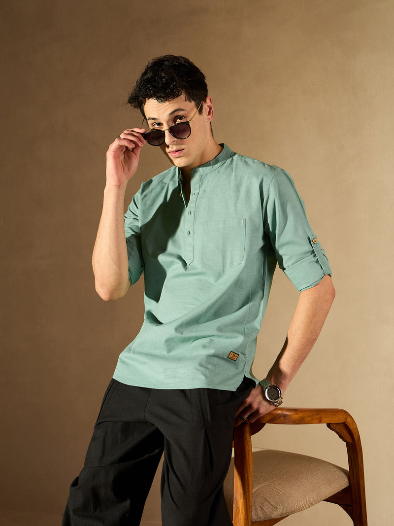 DENNISON Men Mandarin Collar Roll-Up Sleeves Kurta
