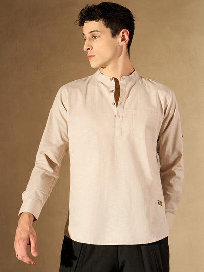 Beige: Band Collar Short Kurta