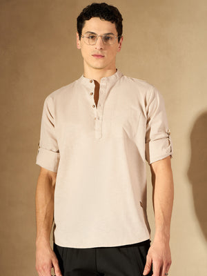 Beige: Band Collar Short Kurta
