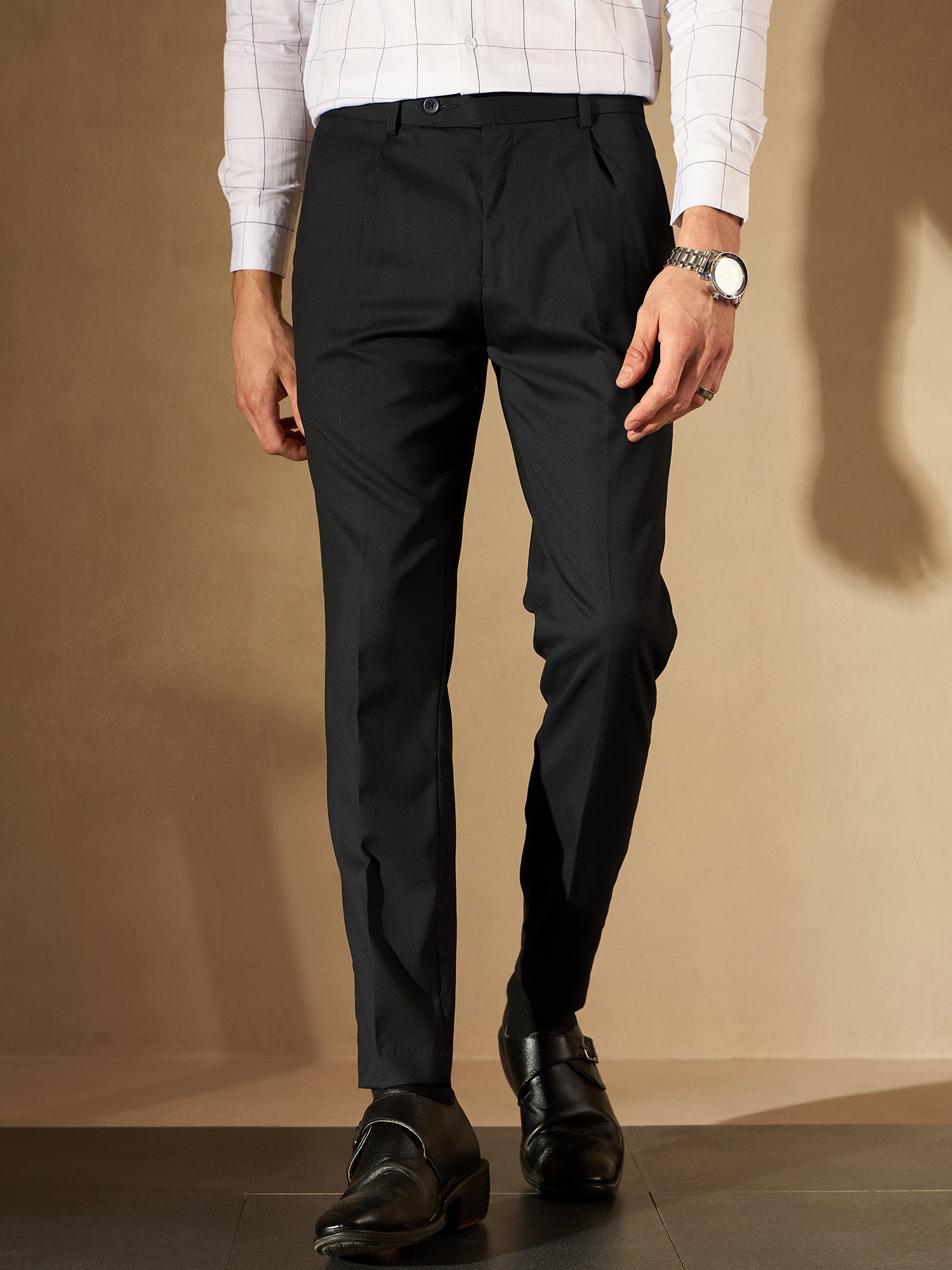 Navy Blue Tapered Fit Pleated Trousers – Dennison Fashion India