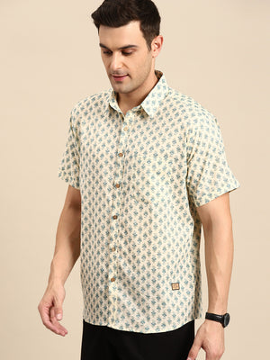 Beige: Half Sleeves Block Printed Shirt