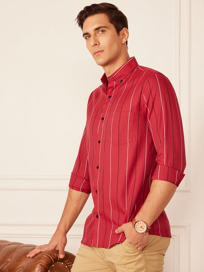Red: Full Sleeve Button-Down Collar Striped Shirt