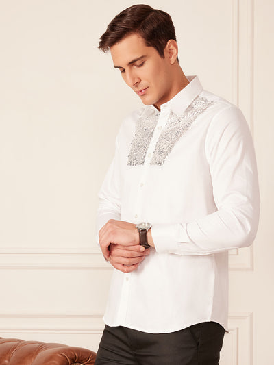 White: Full Sleeves Smart Sequinned Party Shirt