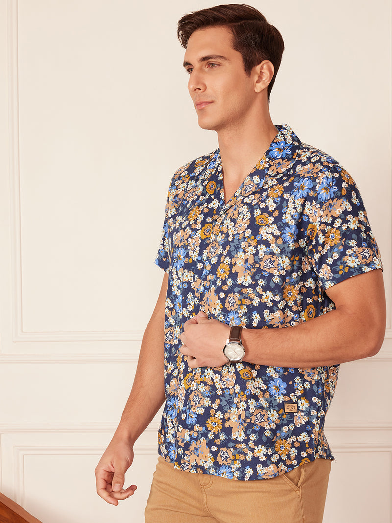 DENNISON Dennison Navy Blue and Beige Color Cuban Collar Shirt