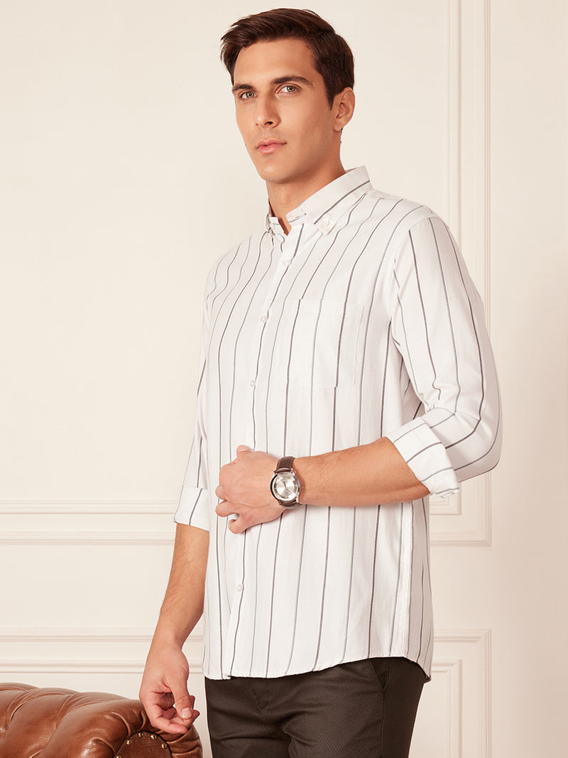 White & Grey: Full Sleeve Button-Down Collar Striped Shirt