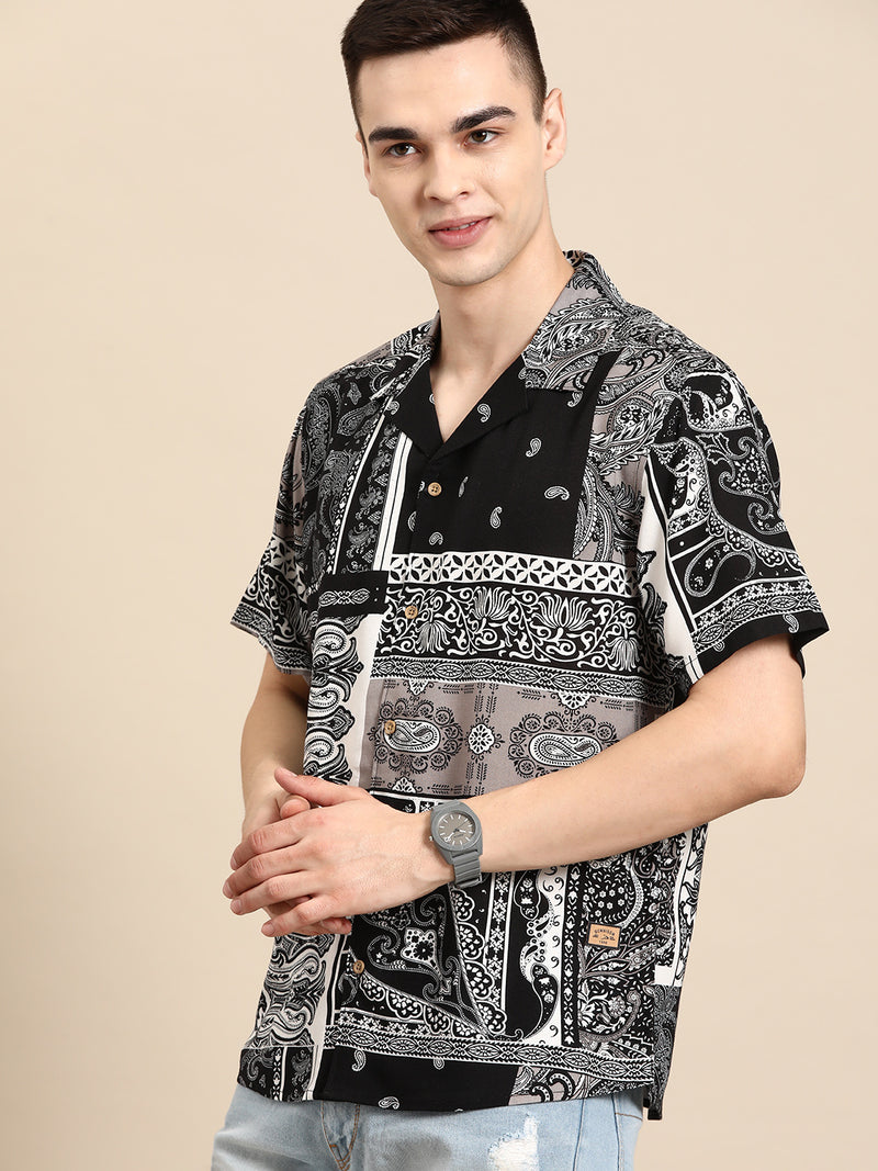 White & Black: Half Sleeves Block Printed Shirt
