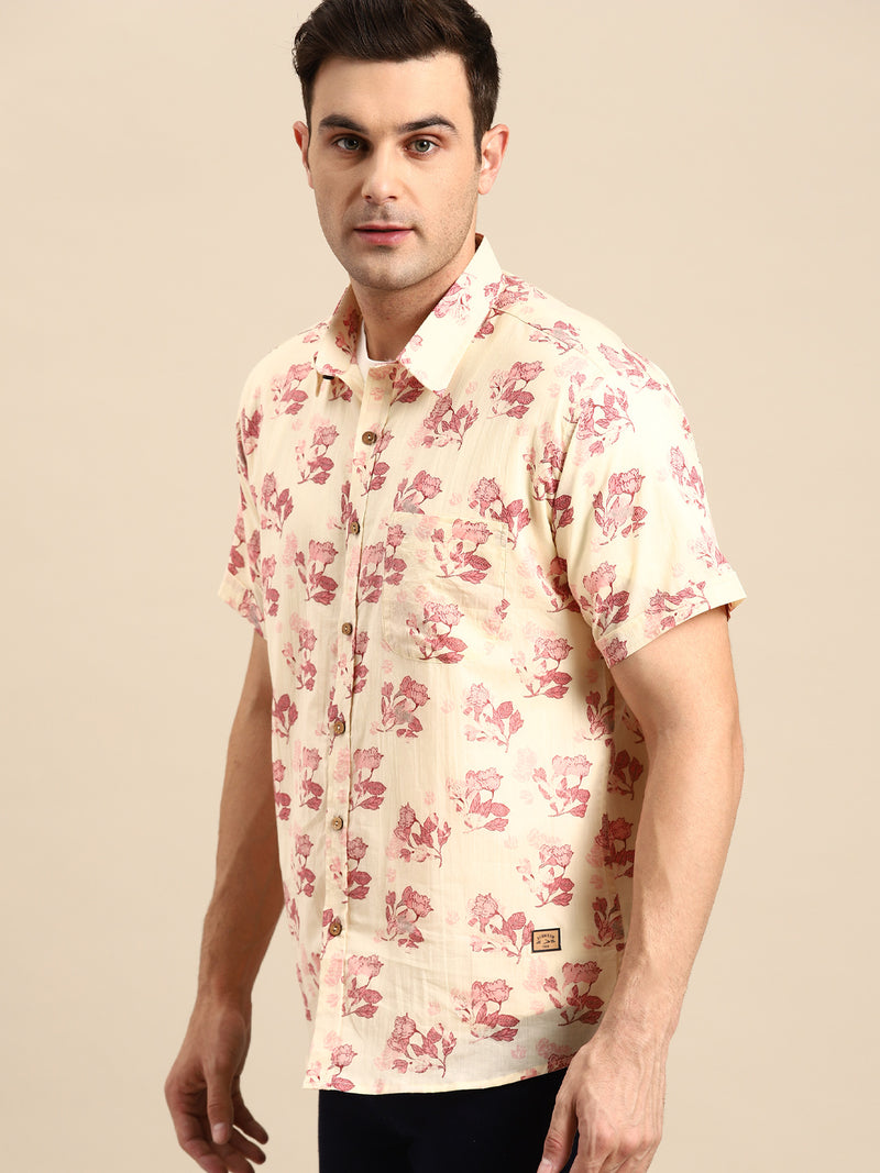 Peach: Half Sleeves Block Printed Shirt