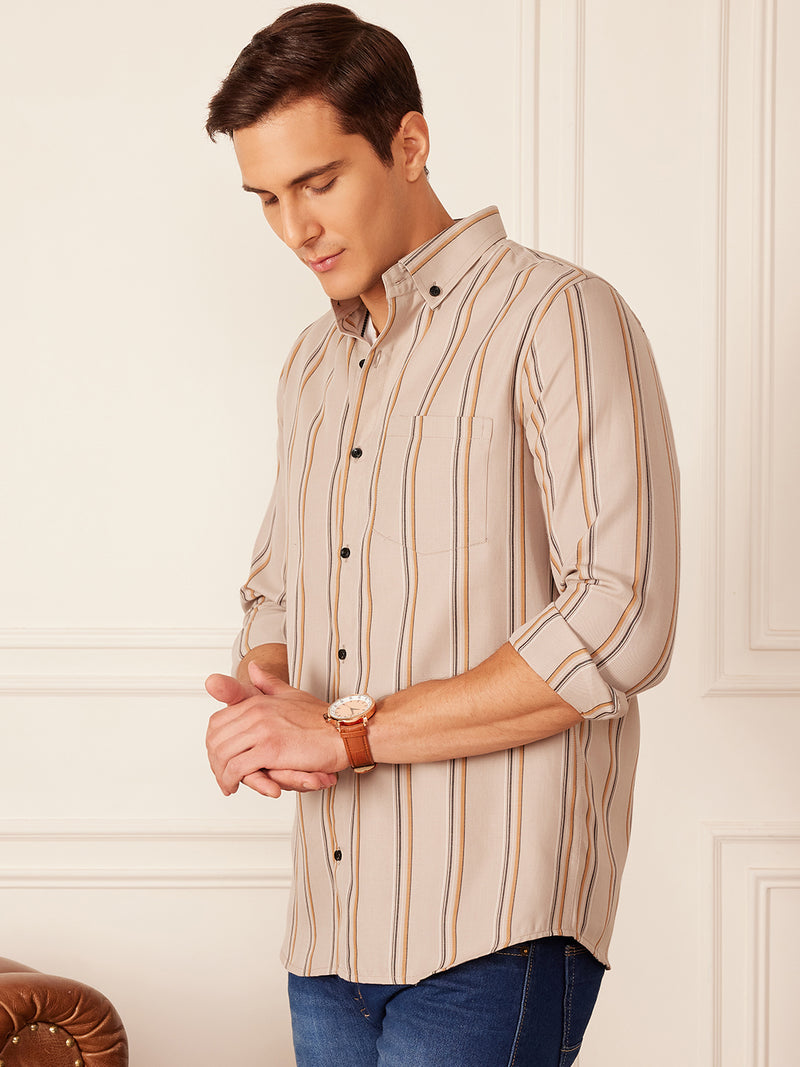 Beige: Full Sleeve Button-Down Collar Striped Shirt