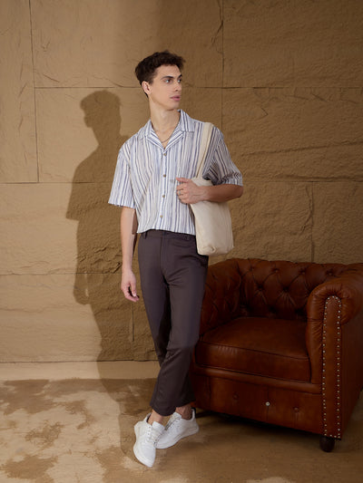 Grey & White: Half Sleeves Oversized Stripes Shirt