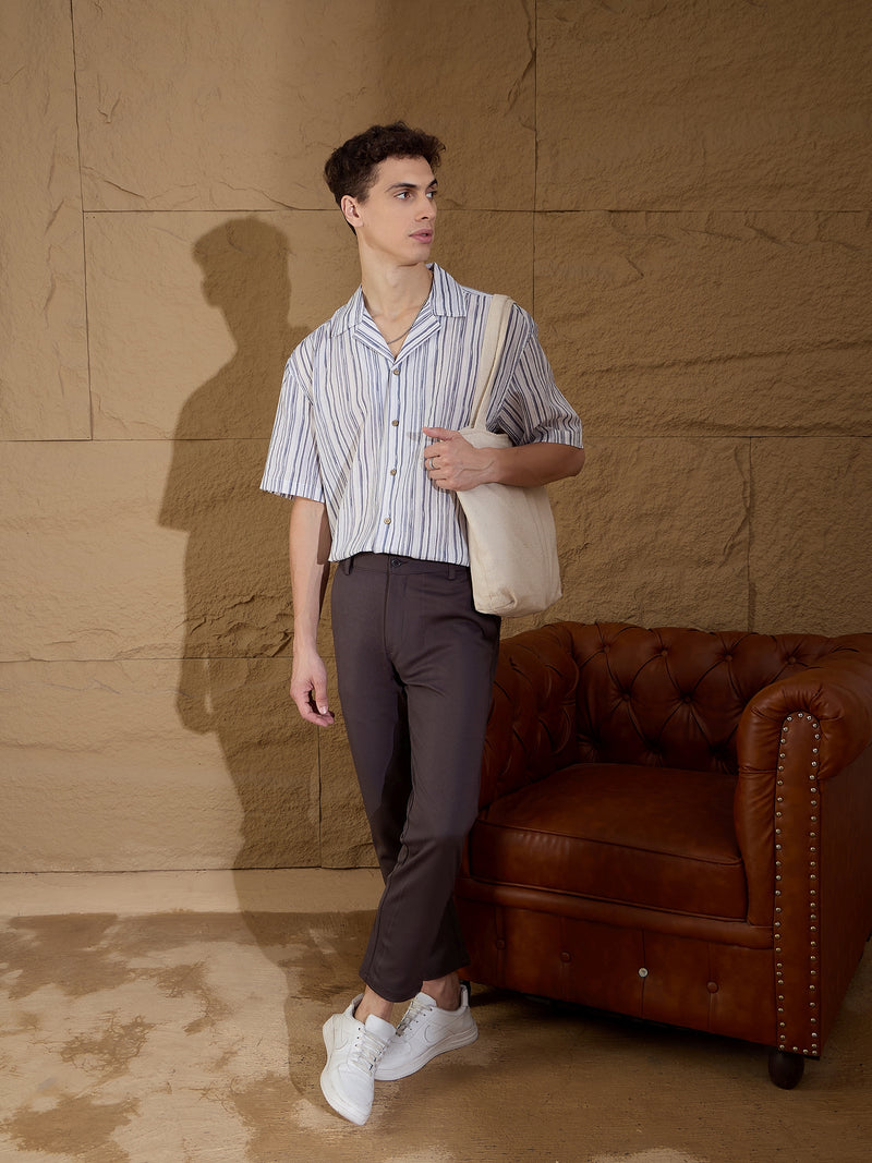 Grey & White: Half Sleeves Oversized Stripes Shirt