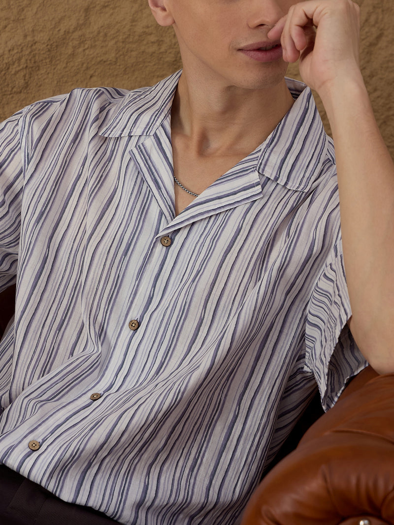 Grey & White: Half Sleeves Oversized Stripes Shirt