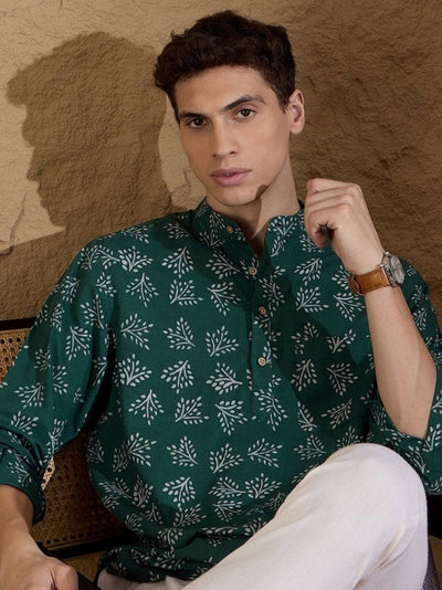 Green and White:Full Sleeves Block Printed Floral Kurta