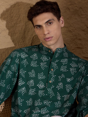 Green and White:Full Sleeves Block Printed Floral Kurta