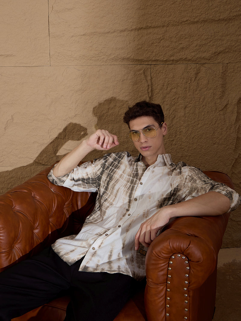 Dull Brown: Full Sleeves Tie & Dyed Oversized Shirt
