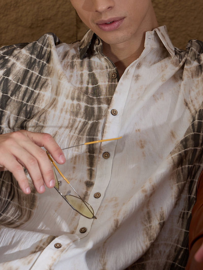 Dull Brown: Full Sleeves Tie & Dyed Oversized Shirt