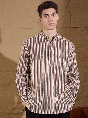 Brown and Cream: Full Sleeves Striped Printed Short Kurta