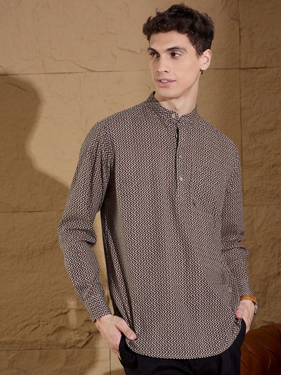 Black and Brown: Full Sleeves Printed Short Kurta