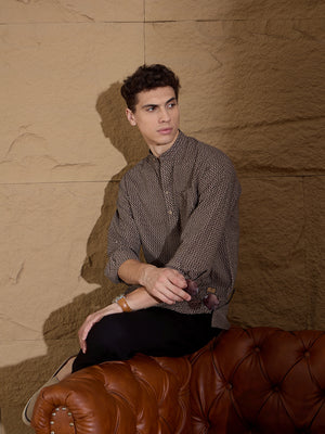 Black and Brown: Full Sleeves Printed Short Kurta