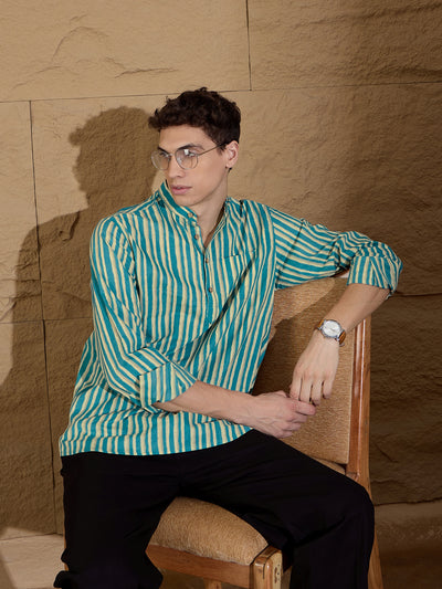 Blue and White:Striped Printed Short Casual Kurta