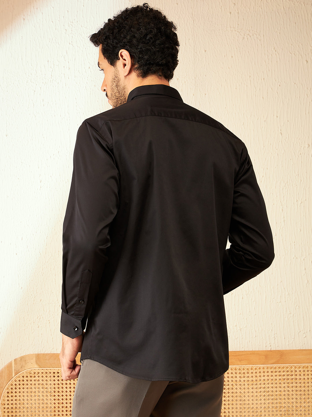 DENNISON Men Black Spread Collar Smart Opaque Party Shirt