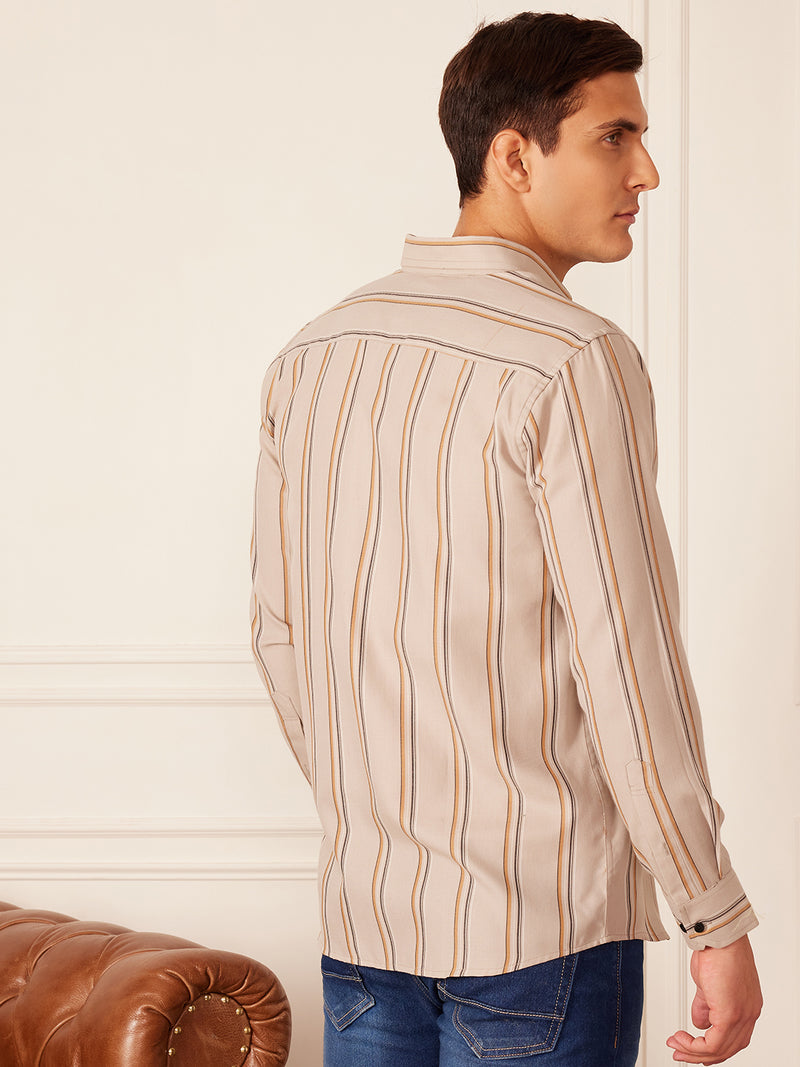 Beige: Full Sleeve Button-Down Collar Striped Shirt