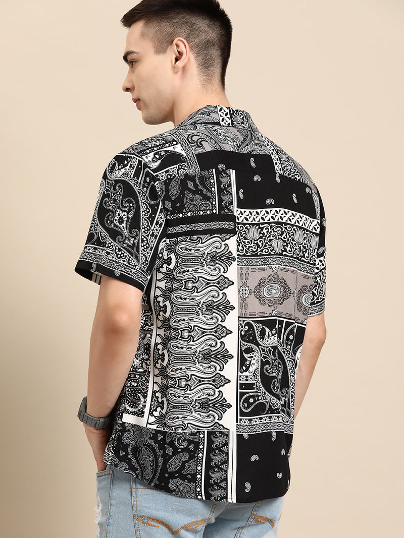 White & Black: Half Sleeves Block Printed Shirt