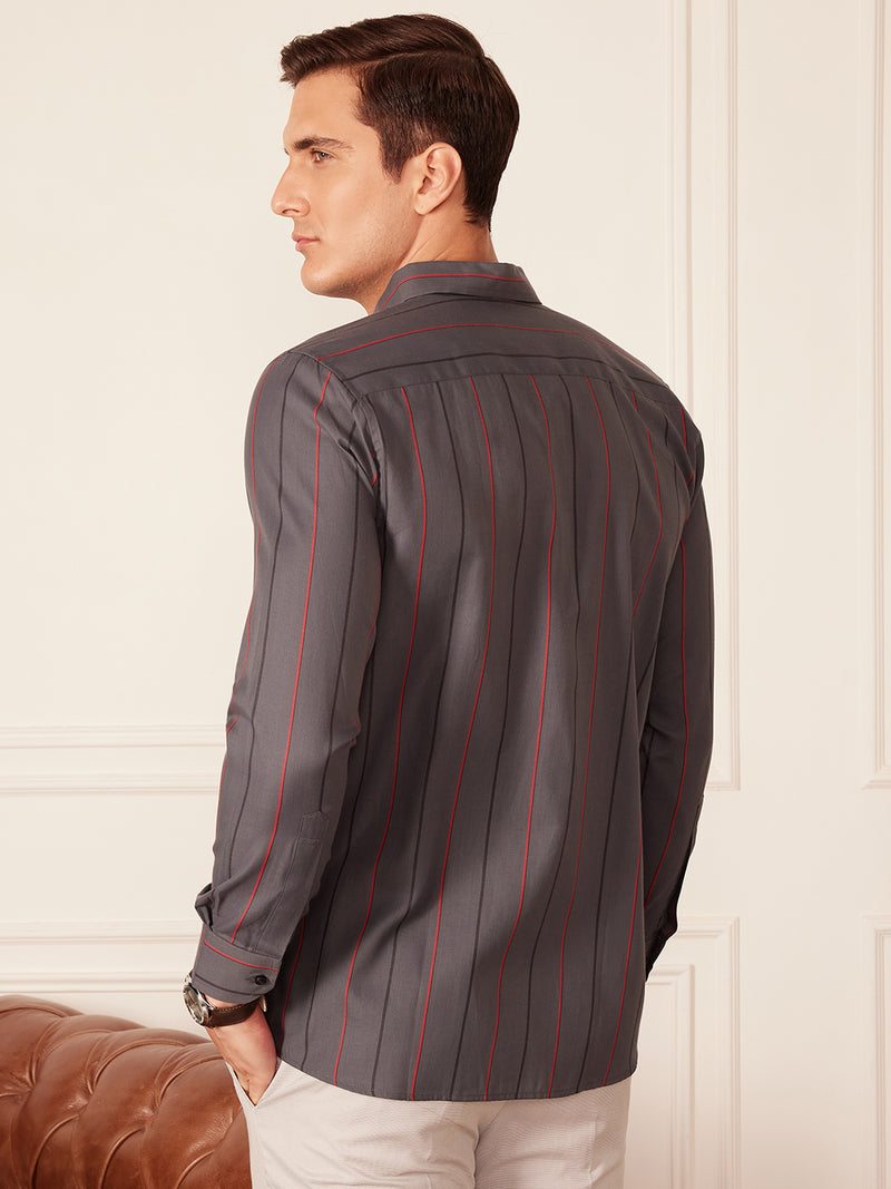 Grey: Full Sleeve Button-Down Collar Striped Shirt