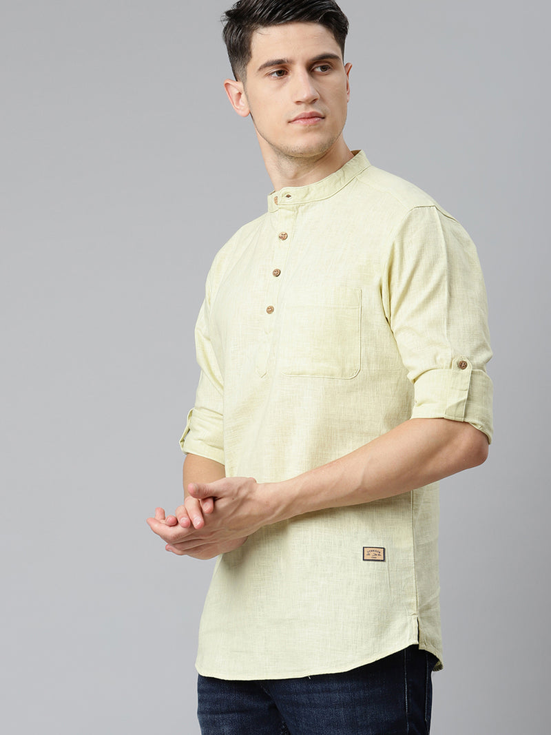 Lime Green: Band Collar Short Kurta
