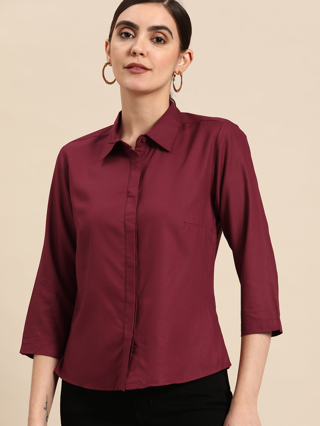 DENNISON Women Maroon Smart Slim Fit Opaque Casual Shirt