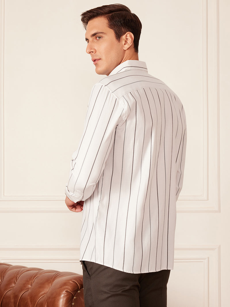 White & Grey: Full Sleeve Button-Down Collar Striped Shirt