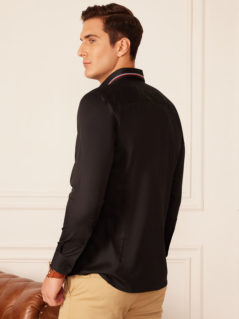 Black: Full Sleeves Tape On Collar Formal Shirt