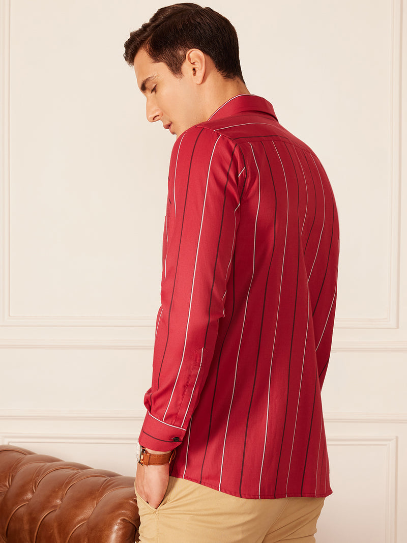 Red: Full Sleeve Button-Down Collar Striped Shirt