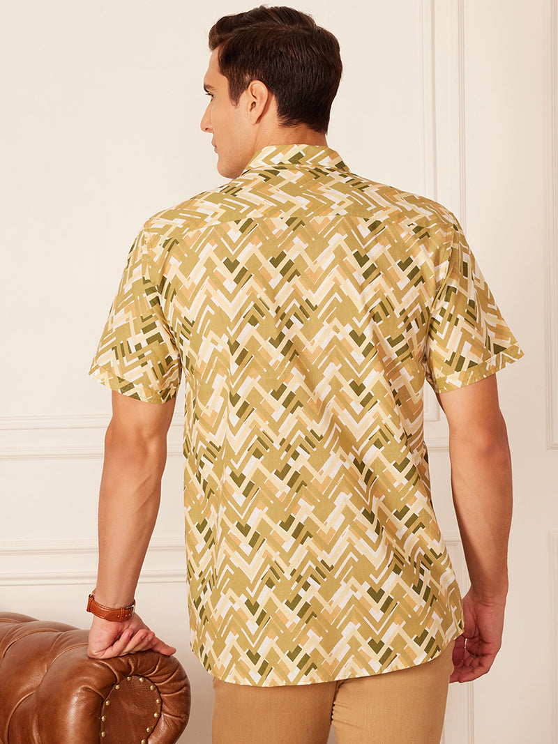 Beige: Half Sleeves Abstract Printed Shirt