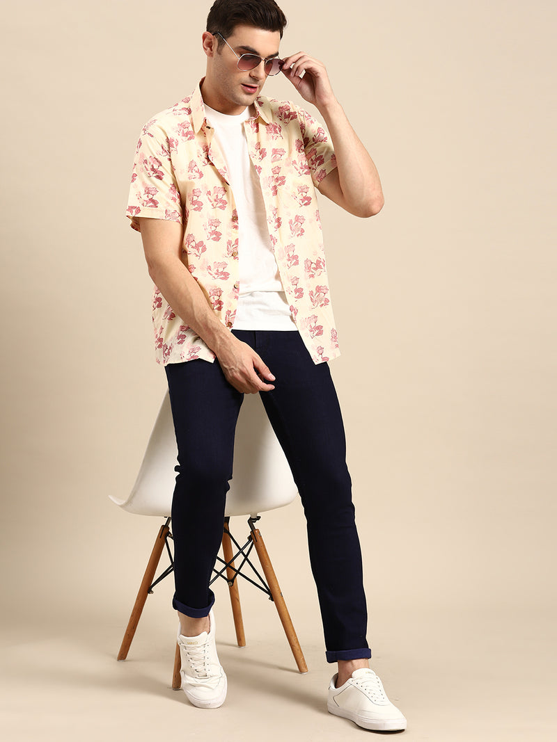 Peach: Half Sleeves Block Printed Shirt