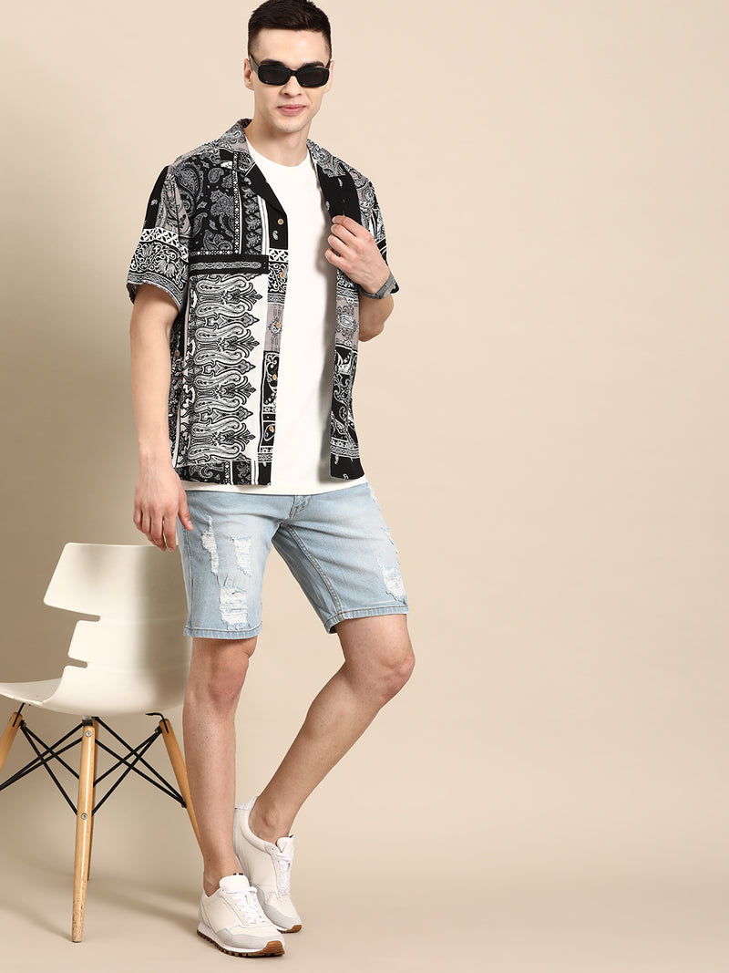 White & Black: Half Sleeves Block Printed Shirt